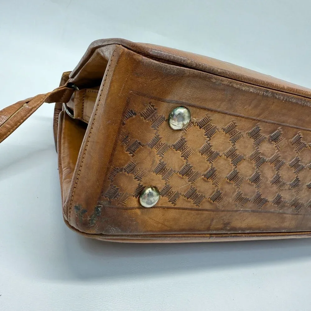 Vintage Hand Tooled Leather Shoulder Bag Made In Mexico Rose Flower - Picture 15 of 16